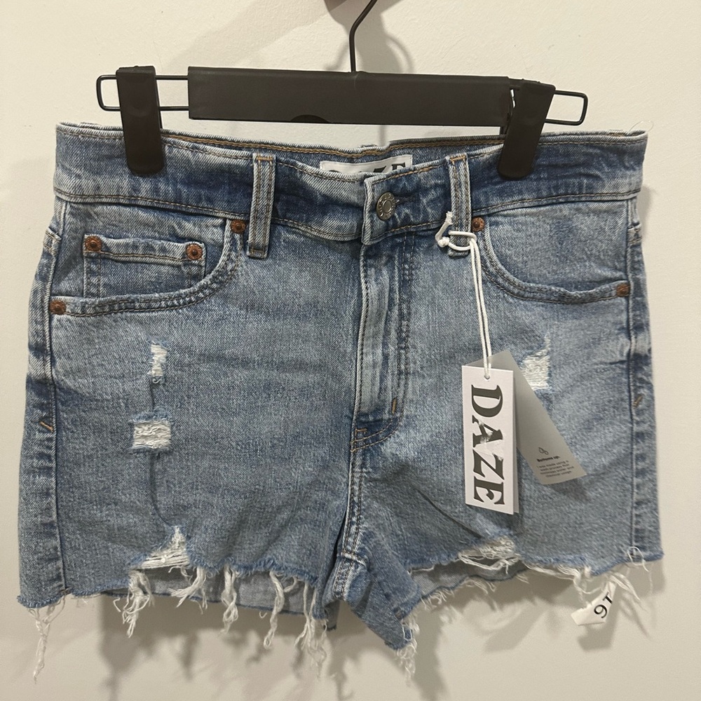 DAZE Women's Distressed Light Blue Denim Shorts